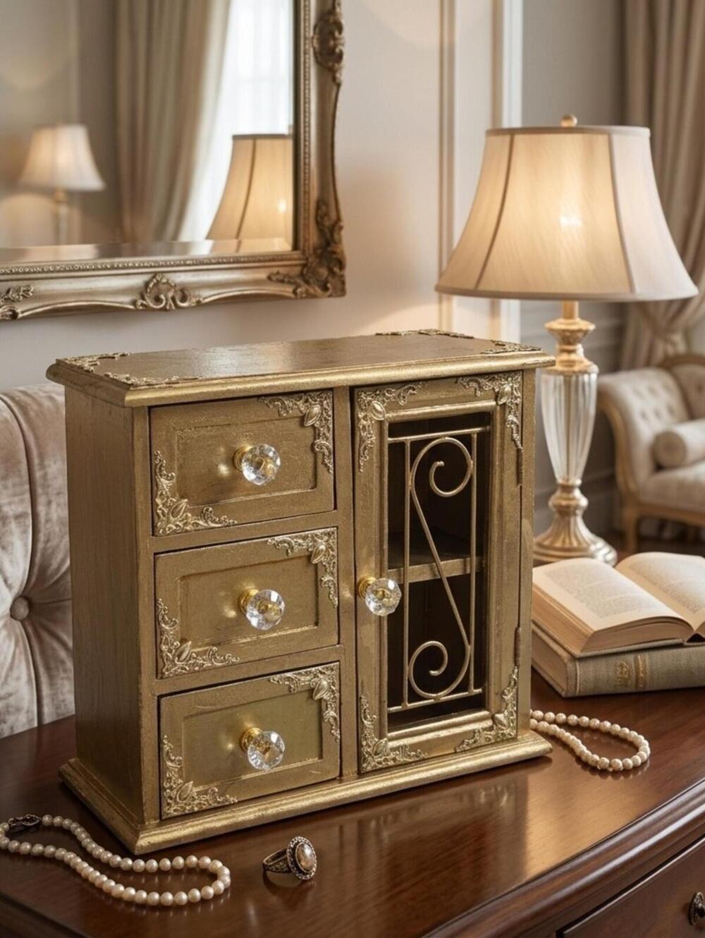 Vintage Gold Jewelry Cabinet Organizer 3 Drawer Ornate Storage Box Crystal Knobs